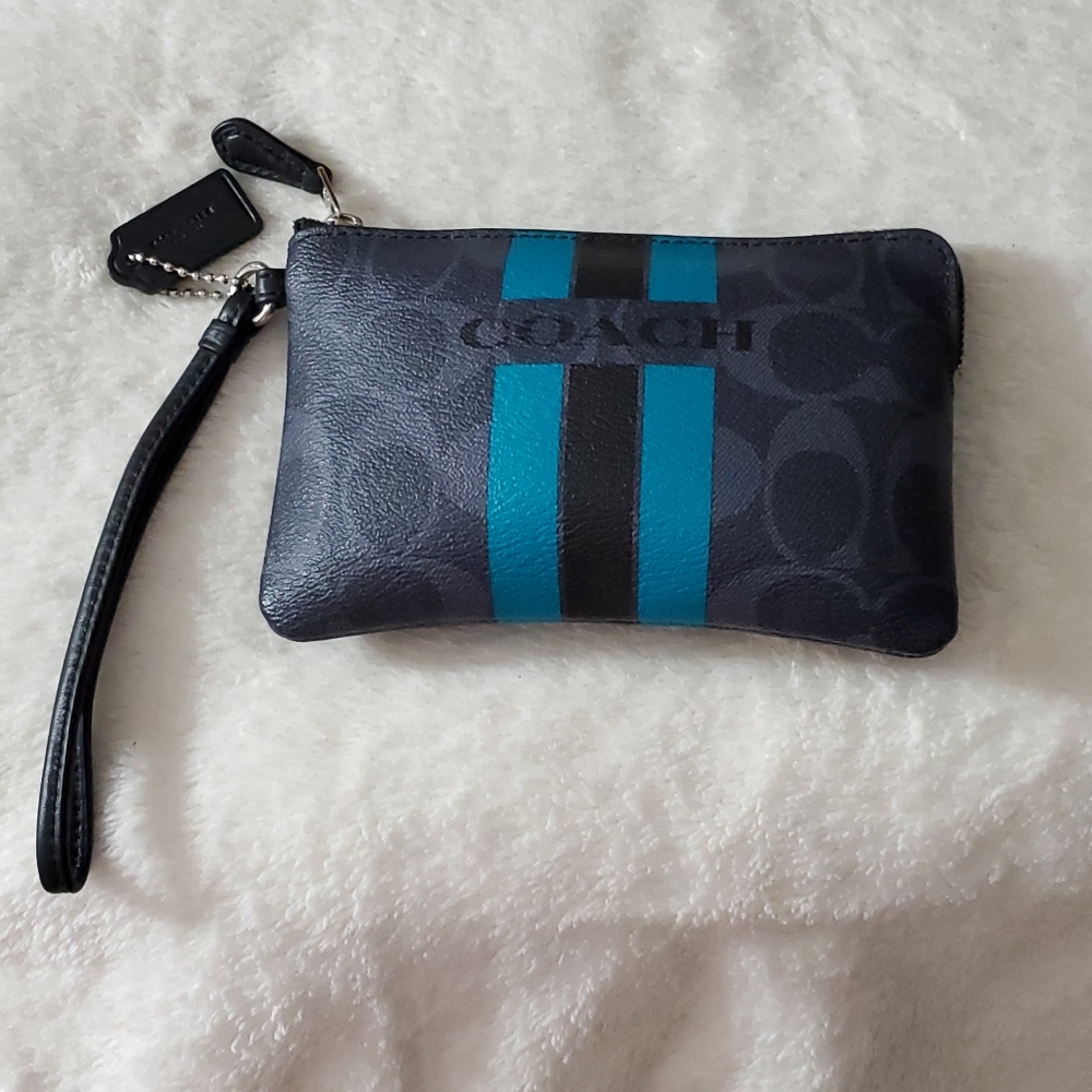Coach wristlet bag varsity stripe turquoise gray black Lk NEW